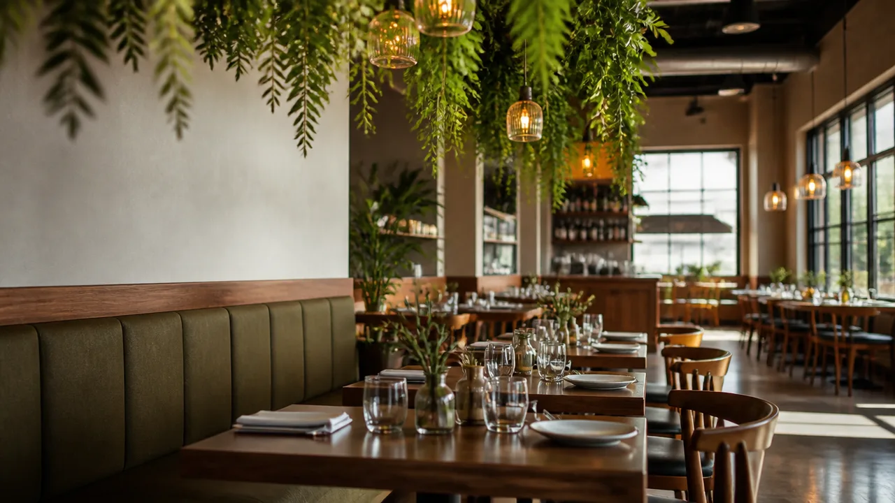 Sunlit modern restaurant dining room mixing booth wall, wood tables and greenery
